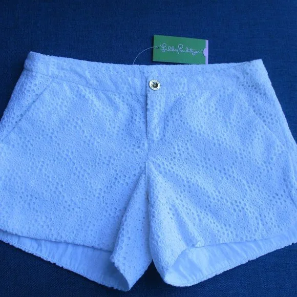 LILLY PULITZER ~ ADIE WHITE EYELET SHORTS ~ 00 ~ LOGO BUTTON / POCKETS - Picture 4 of 10